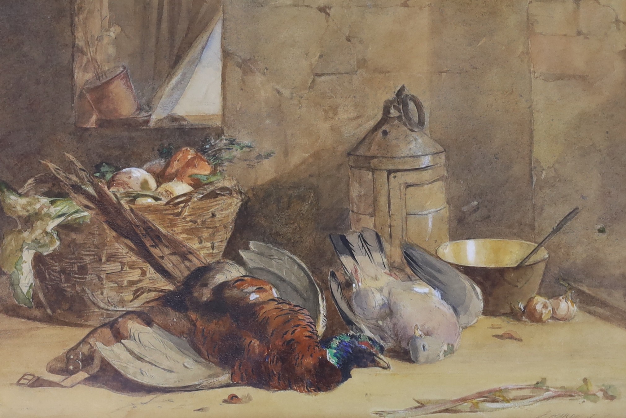 James Hardy Jnr (1832-1889), watercolour, Still life study of dead game and fruit, signed, 21 x 31cm.